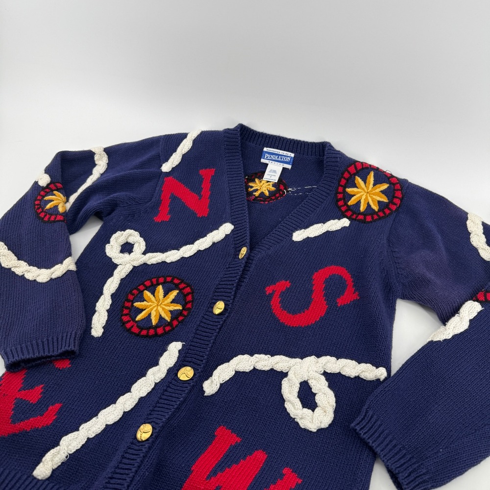 Vintage Pendleton Navy Blue Nautical Compass Rope Knit Cardigan Sweater Size P